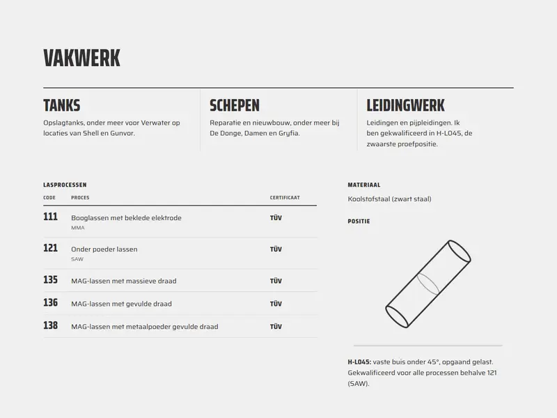 Work section with welding processes and certificates